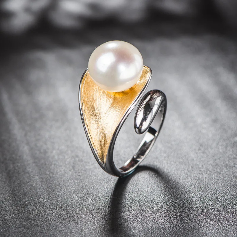 

925 sterling silver Thai silver craft leaf natural freshwater pearl ring