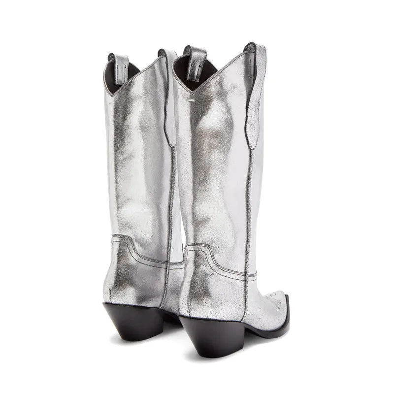 

Silver Hiver Bottines Femme Sewing Desinger Leather Cowboy Wedges Women Western Boots Suqare Toe Slip On Mid-calf Cool Boots