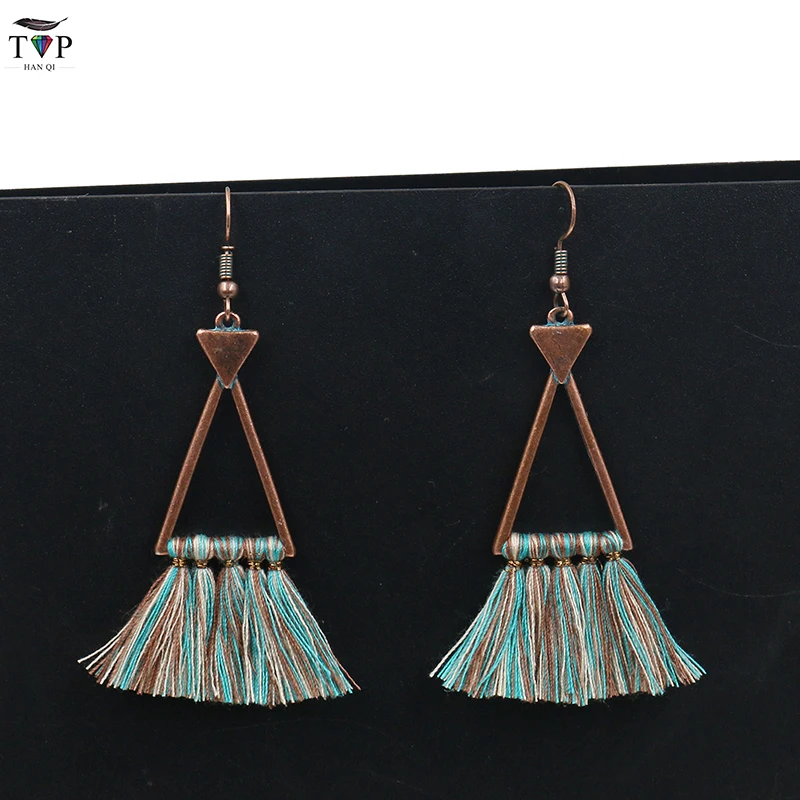 TopHanqi Ethnic Tassel Earrings Bohemian Vintage Triangle Long Tassel