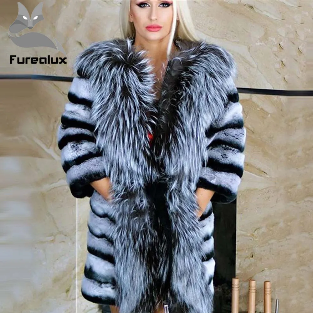 

Furealux Real Chinchilla Rex Rabbit Fur Coat With Big Silver Fox Collar Wam Winter Wholesale For Women Natural Fur Jackets