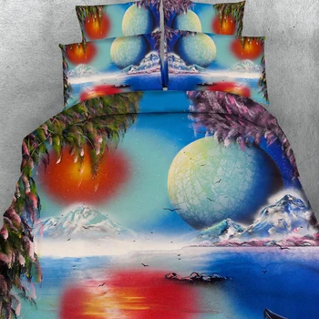 

3d Oil Painting Style Bedding Sets Sunset/Horse/Snow Mountain Lake Pattern Cotton Duvet/Quilt Cover Twin/Queen/King Size 3/4pcs