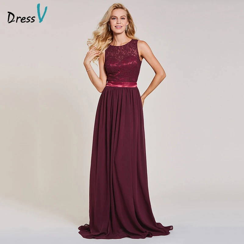 

Dressv backless evening dress rust red sleeveless lace floor length a line gown women scoop wedding party long evening dresses