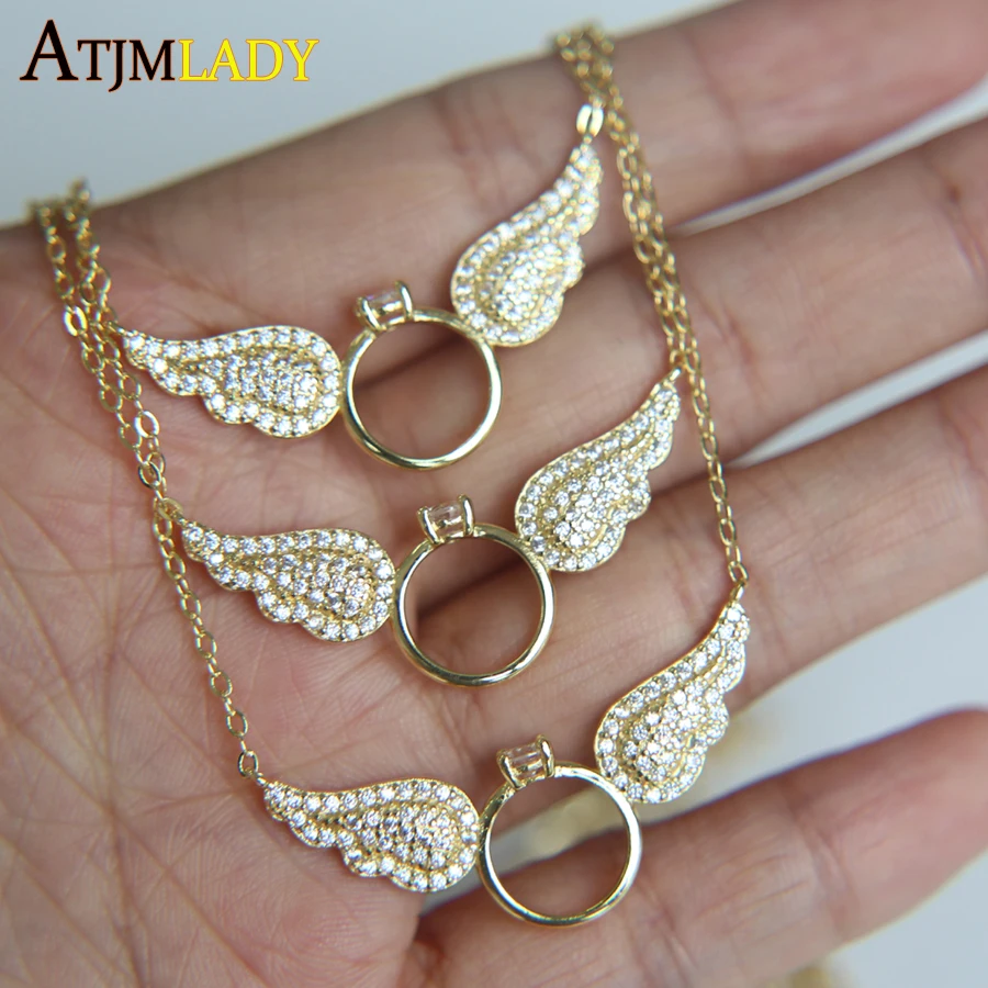 

2018 unique new design gold filled pave Clear cubic zirconia wedding gift valentines my angel wing with rings fashion necklace