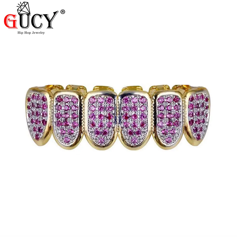 GUCY Gold Hip Hop Teeth Grillz Micro Pave Fuchsia CZ Stone Iced Out Top&Bottom Grills Set Vampire Teeth Caps Mouth Jewelry Party - Окраска металла: Gold Bottom