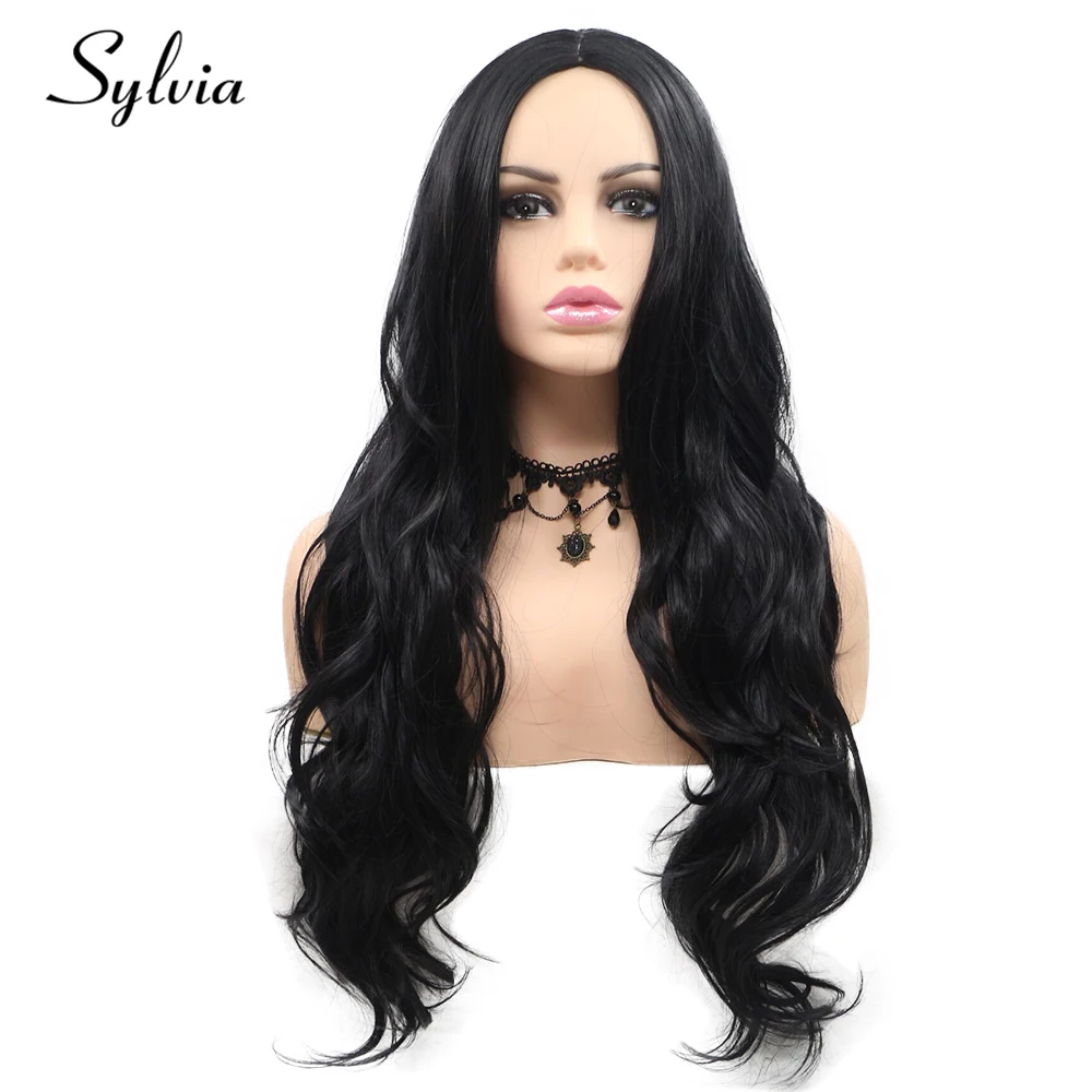 Sylvia 1b# Natural Wave Synthetic Full Machine Made Wigs Middle Parting Black Non-lace Glueless Heat Resistant Fiber Hair