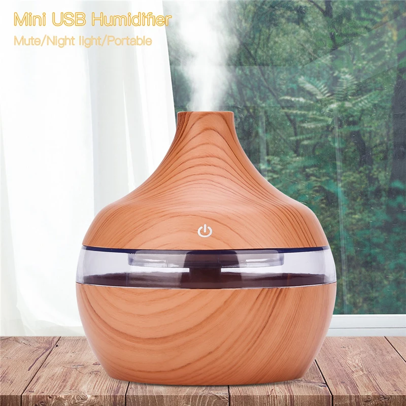 300ml USB Air Humidifier Wood Grain Mini Aroma Diffuser Ultrasonic Essential Oil Diffuser Cool Mist Maker with 7 Night Light 0