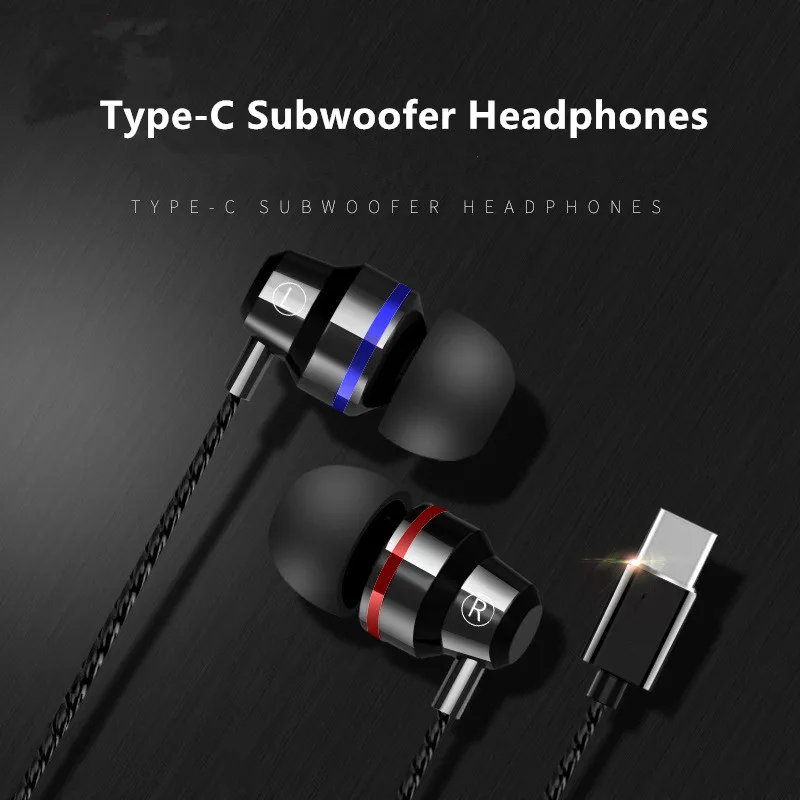 Fanshu In Ear Metal Earphones Type c Interface Stereo Noise Reduction Cancellation Outdoor Sports Wired Headset With Mic