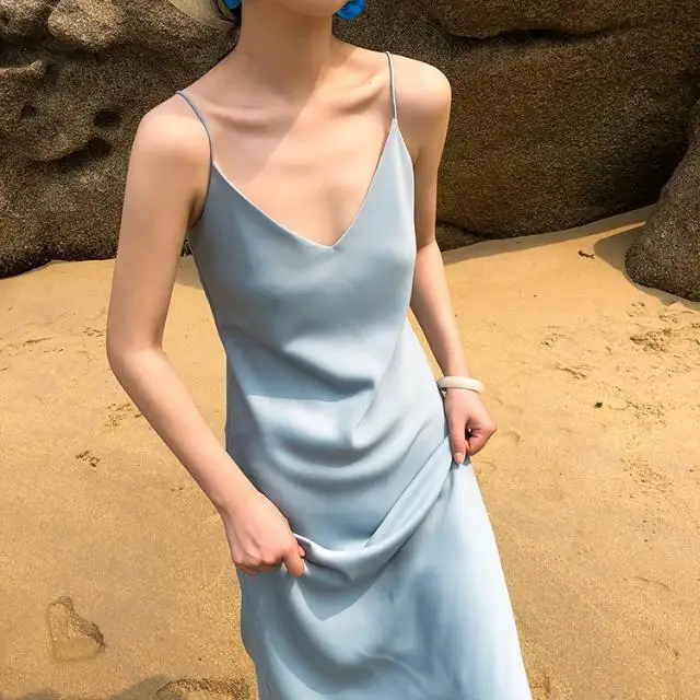 

Spring 2019 Woman Tank Dress Casual Satin Sexy Camisole Elastic Female Home Beach Dresses