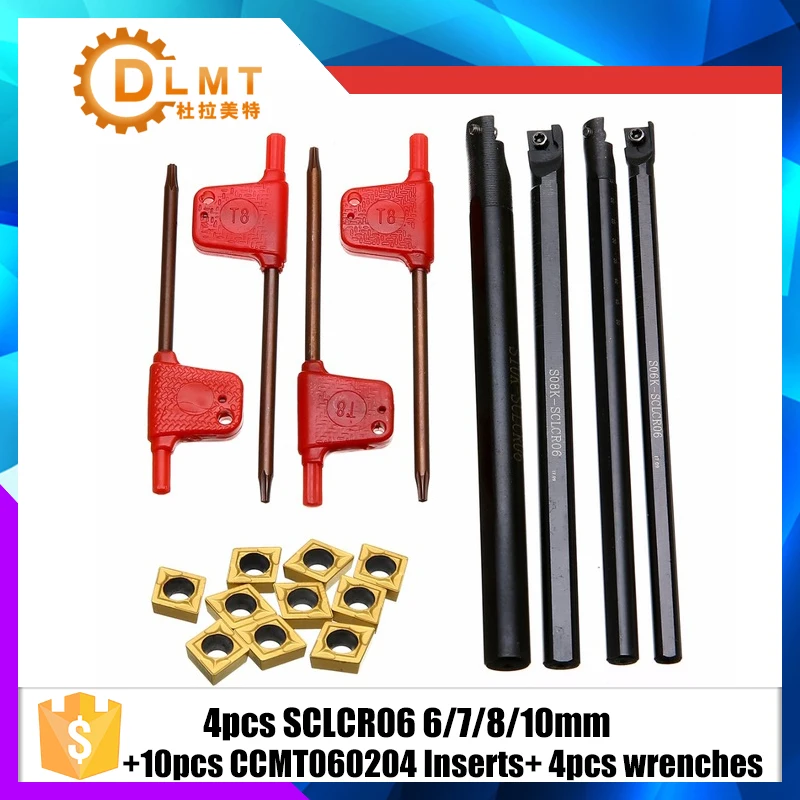 10 шт. CCMT060204 вставками+ 4 шт. T8 ключи, дюймовый стандарт для токарный инструмент+ 4 шт. в партии, 6/7/8/10 мм SCLCR06 сверлящей оправкой