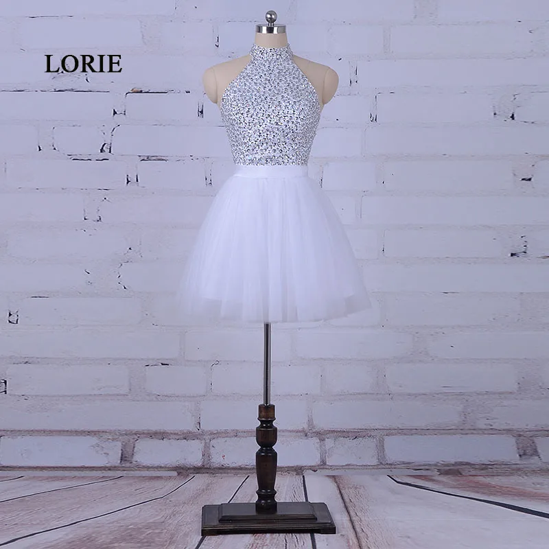 Lorie White Prom Dress For Graduation Halter A Line Beaded Crystals