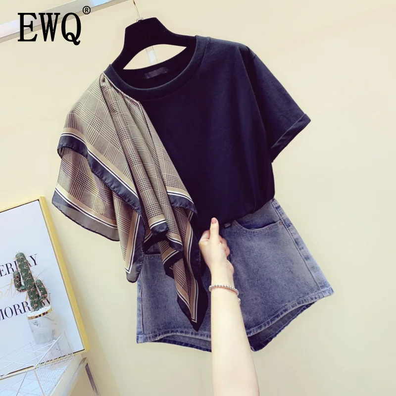

[EWQ] 2019 Spring Summer New Pattern Round Collar Short Sleeve Hit Colors Asymmetrical Patchwork Pullvoer Casual T-shirt AF20301