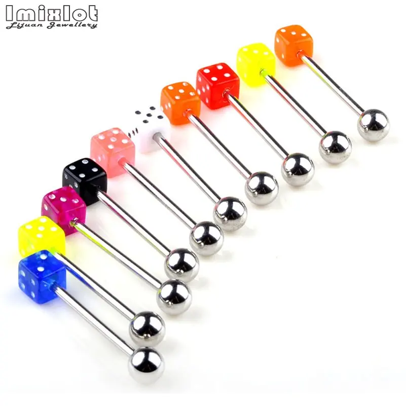 

10pcs/lot Fashion 316L Surgical Steel Acrylic Tongue Piercings Mix Dice Tounge Rings Bars Barbell Tongue Piercing Body Jewelry
