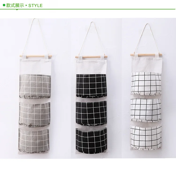 

Plaid cotton and linen storage three pockets hanging bag door storage bag simple fashion hanging pocket storage bag
