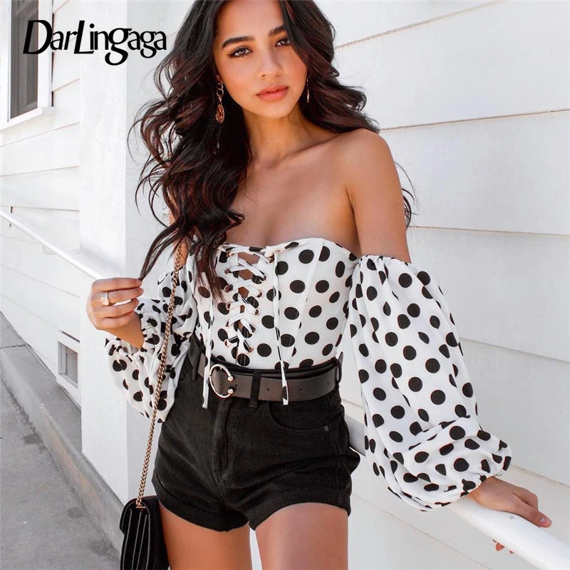 Darlingaga Fashion slash neck polka dot print sexy bodysuit women lace up long sleeve body spring 2020 jumpsuits tops bodysuits Darlingaga Fashion slash neck polka dot print sexy bodysuit women lace up long sleeve body spring 2020 jumpsuits tops bodysuits
