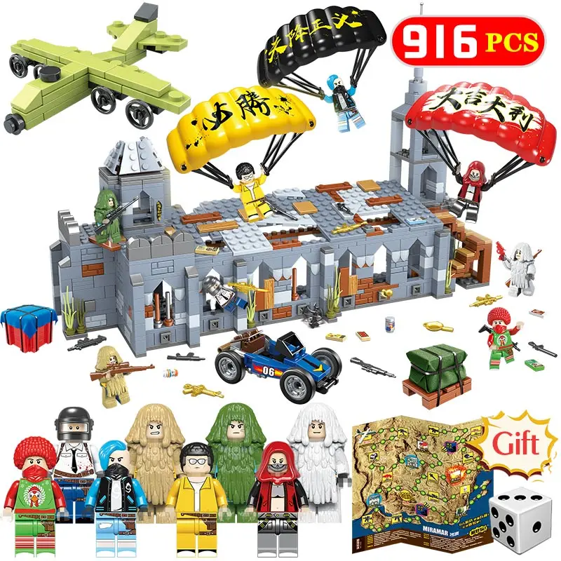

916pcs Chapel Fighting Battlegrounds Bricks Compatible Army Military City Police series Weapon PUBG Building Blocks Kids Toys
