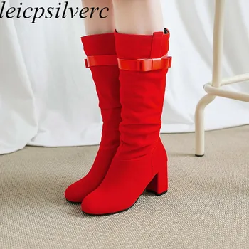 

Women Boots Autumn Winter Warm High-heeled Flock Knee-High Round Toe Slip on 2018 Sexy New Fashion Martin Boots Red Black Blue