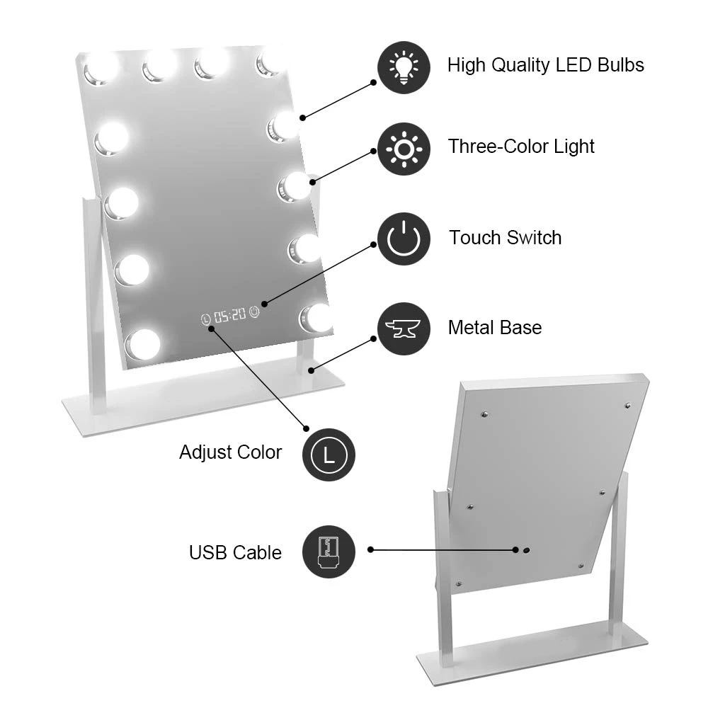 Голливуд Bluetooth Динамик цифровые часы 12 светодиодный лампы зеркало для макияжа с подсветкой сенсорный Регулируемый зеркало с подсветкой для освещения косметический