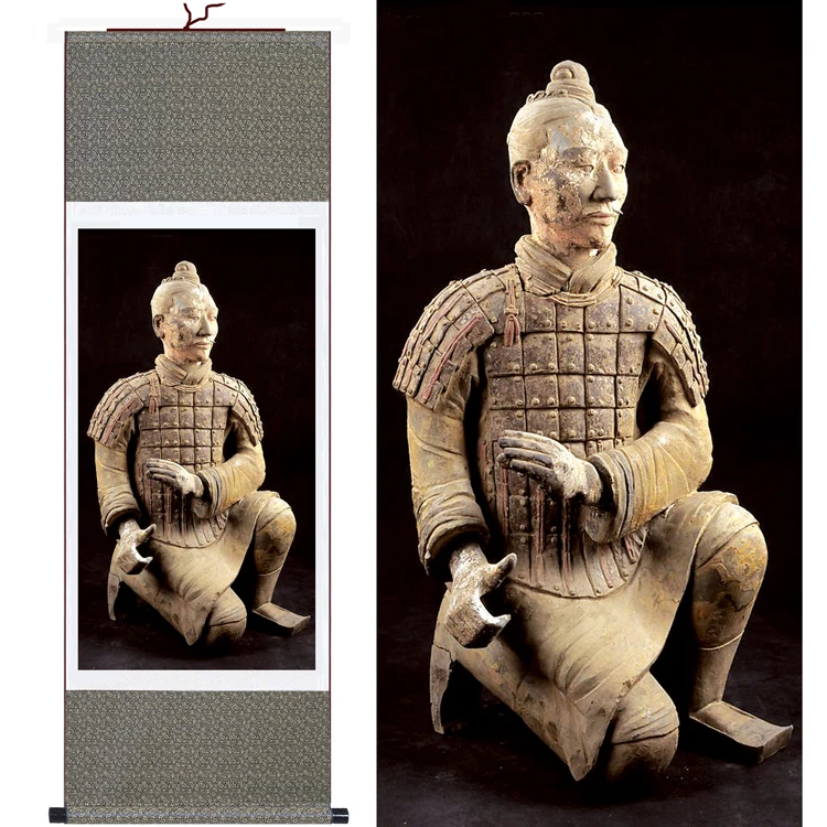 

1 Set 140*45cm/100*30cm Chinese Painting Silk Scroll Wall Picture"terra cotta warriors"Art Home Decor For Living Room