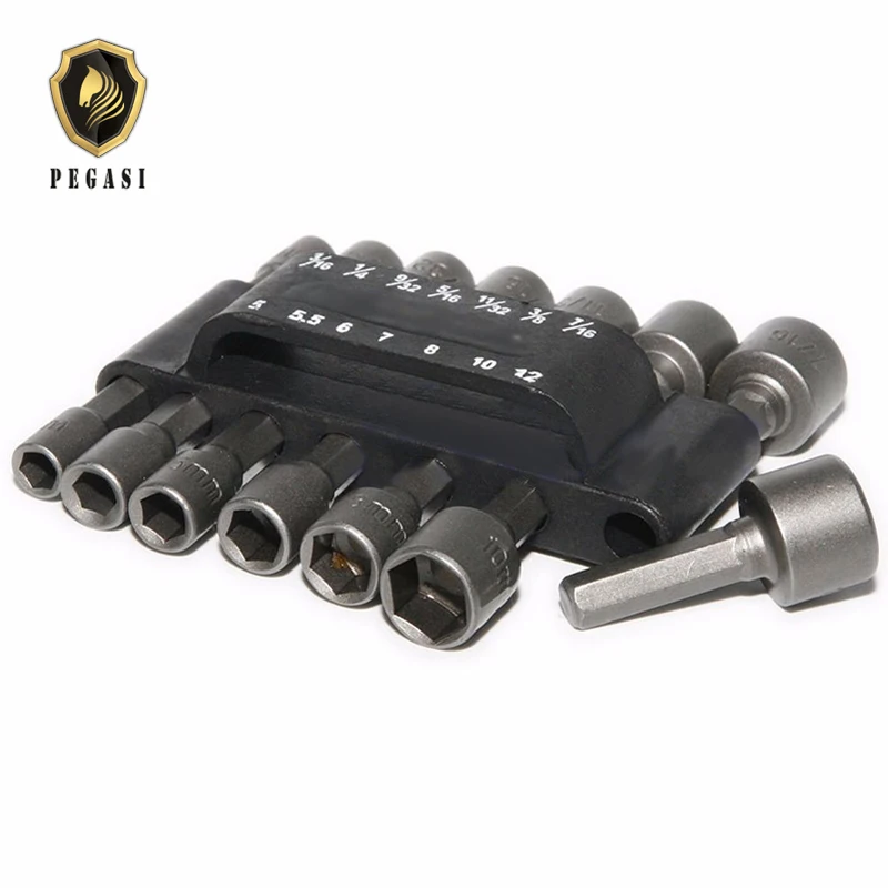 

PEGASI 14pcs Power Nut Driver Drill Bit Set Metric Socket Wrench Screw 1/4" Hex Socket Set Without Magnetic Useful Power Tool