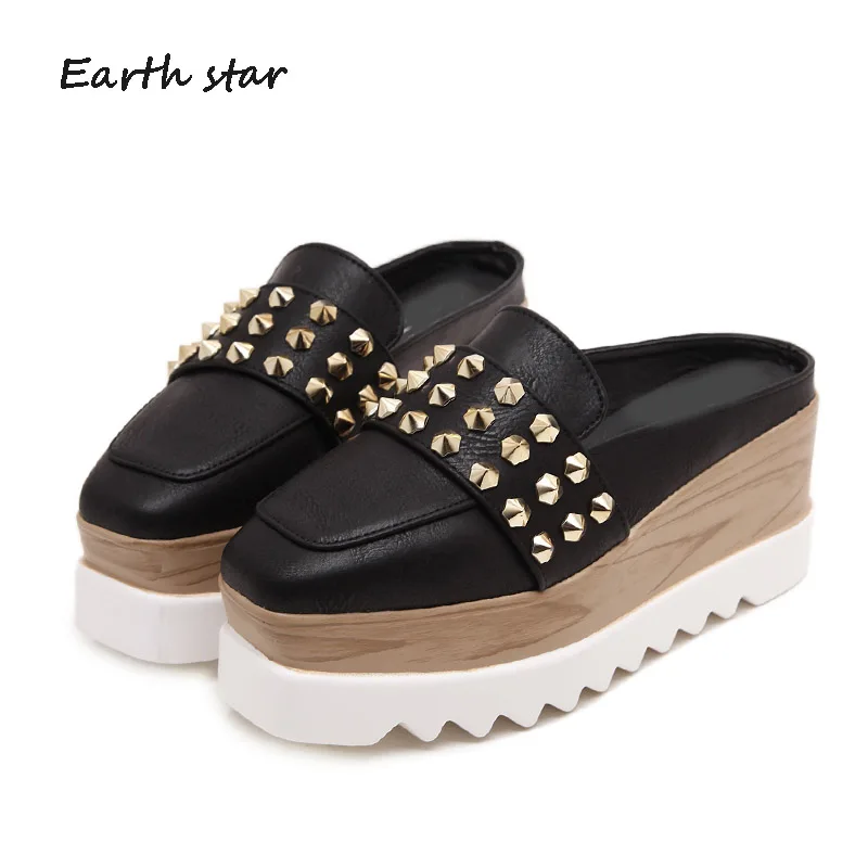 

EARTH STAR 2018 Summer New Casual Platform Shoe Women Silp On Brand Flats Female Shoe Metal Rivets Lady chaussure Girl footware