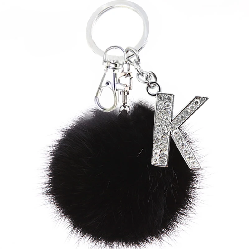 Czsycdsf Crystal Initial Letter A-Z Puff Fur Ball Keychain Black Pom Pom  Keyring