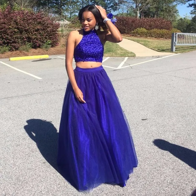 Royal Purple Beaded Halter Prom Dresses