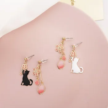

New Hot Fashion Cute Cat Long Shiny Flowers Sakura Pendant Romantic Charm Beautiful Asymmetrical Earrings For Women Jewelry