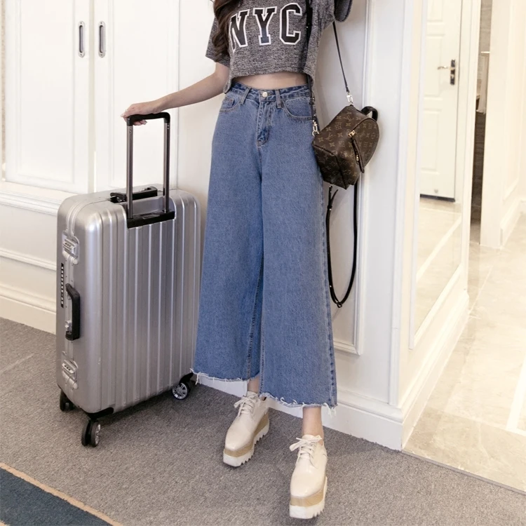 

New 2017 Women Casual Vintage Boyfriend High Waist Wide Leg Pants Blue Loose Female Denim Jeans Y122