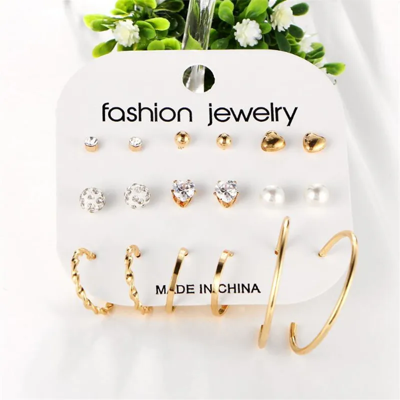 2018 Newest Simulated Pearl Golden Stud Earrings For Women Vintage Round Jewelry Boho Crystal Heart Earring Sets 9 Pairs/Set | Украшения и