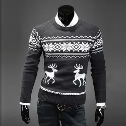 Мужской цветочный принт теплый зимний тонкий свитер рубашка с длинным рукавом Топ блузка пуловеры Тонкий олененок принт пуловер свитер
