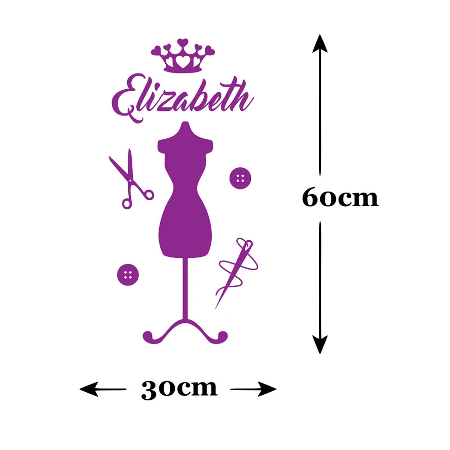 Модные Наклейки на стены для девочек, индивидуальный манекен, корона, шитье, любое имя, виниловые наклейки на стену, наклейка, украшение для дома, двери, Фреска S165