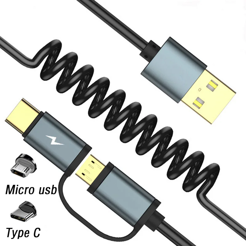 

2 In 1 USB Type C Micro Usb Spring Coiled Cable Microusb Phone Cable Type-C Charing Cable for Huawei Honor 8x 9 10 P20 Pro Lite