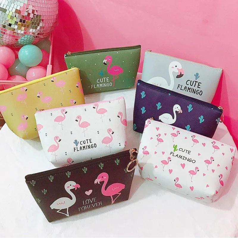 

Creative Flamingo Pattern Women Cosmetic Bag Storage Zipper PU Makeup Bag Toiletry Portable Make Up Case Pouch Toiletry Wash Kit