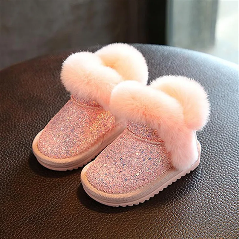 Детские зимние сапоги; хлопковая обувь; толстые зимние сапоги с кроличьим мехом для девочек; Детские теплые короткие сапоги; модная обувь с блестками для девочек