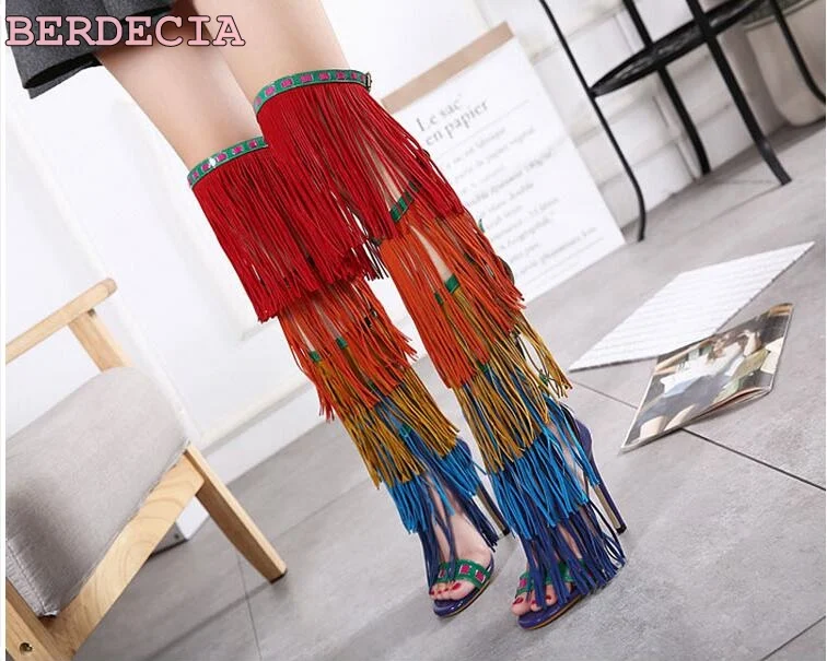 summer mixed color tassel over the knee high boots  layers fringe long boots peep toe thin heel shoes free shipping on sale