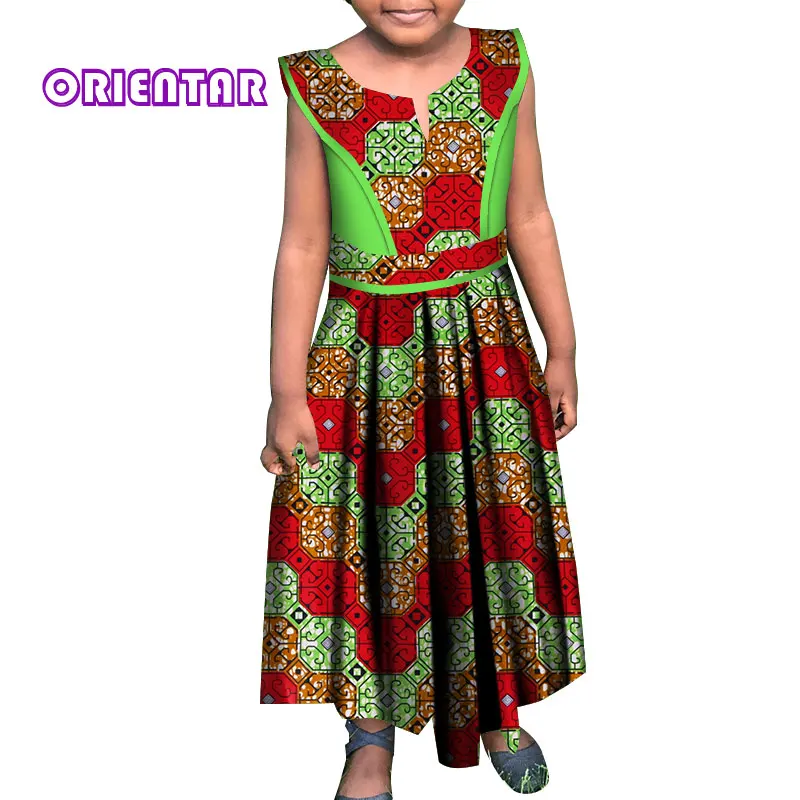 Платья в африканском стиле для маленьких девочек; платье без рукавов с круглым вырезом; традиционное платье с принтом в африканском стиле; Bazin Riche; повседневное детское праздничное платье; WYT278