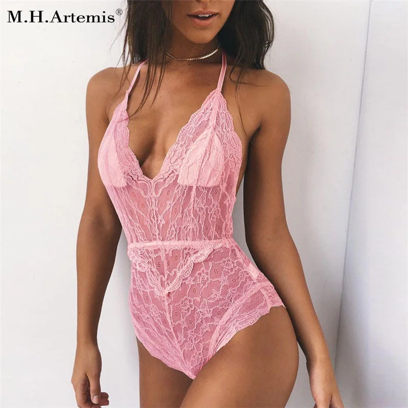 Mhartemis Sexy Pink Lace Bodysuit Women Elegant Lace -4176