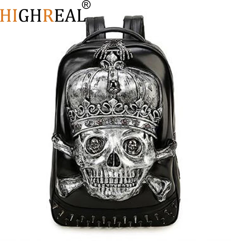 

HIGHREAL Fashion Men Skull Backpacks School Computer Bags 3D Leather Personality Silver Gold Black Bags Vintage Halloween Bags