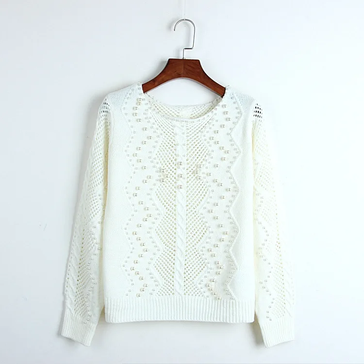 

New Spring 2019 Korean knitted sweater women White O-neck Pullovers Hollow out Beading High Quality gilet femme manche longue
