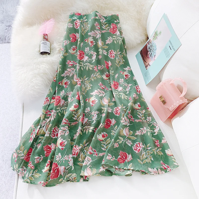 

Chiffon Floral Skirt Women 2019 New Summer Fresh Slim High Waist A Line Midi Skirts Sweet Long Skirt for Girls Saias Faldas