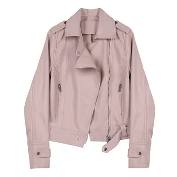 

Turn-down Collar Women Leather Jackets New Spring Short Motorcycle Leather Coats Zipper Slim Long Sleeve Female Outwear Casual