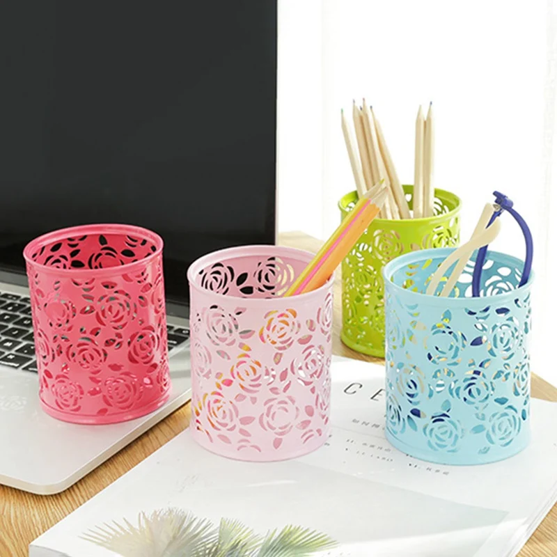 

1PC Storage Organizer Hollow Rose Flower Pen Case Pencil Stand Container Stationary Study Round Pen Holders