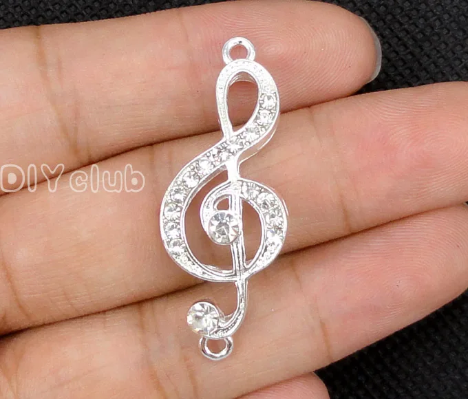 

10pcs-Music Note Charms, Silver plated Rhinestone Treble Clef charm pendants, Music Symbo charms 40x16mm