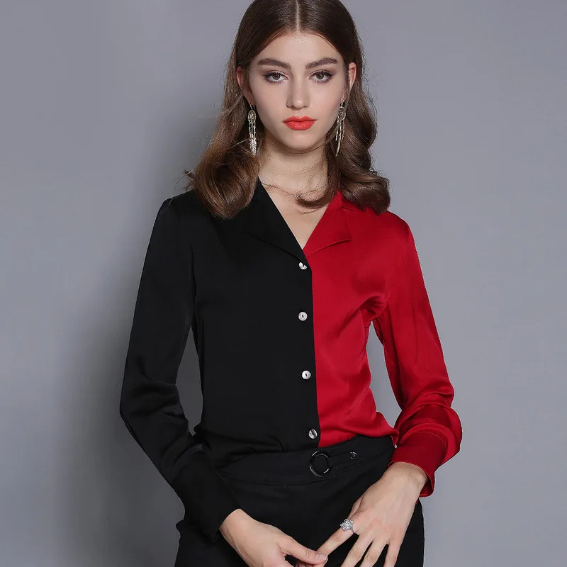 Zwart rood zijden blouse 5xl shirts casual office vrouwen blouses en tops dames zomer haute 2019 fashion top slanke fit designer Zwart rood zijden blouse 5xl shirts casual office vrouwen blouses en tops dames zomer haute 2019 fashion top slanke fit designer
