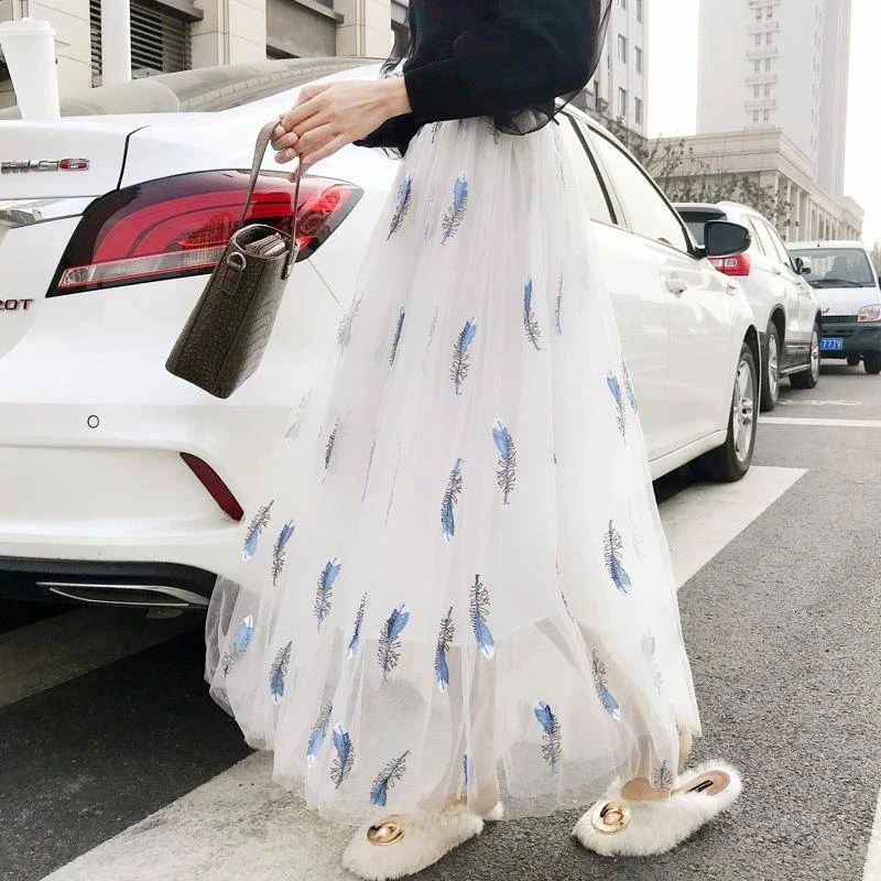 

UPPIN 2018 Summer Mesh Women's Skirt Embroidered Pleated Mesh Skirt For Girls Fairy Tale Long Skirt Women