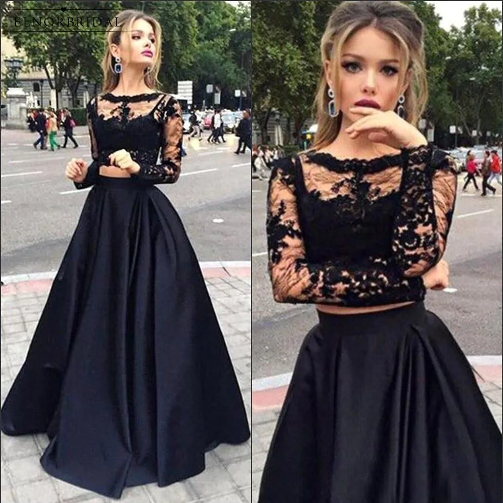 Сексуальные черные платья выпускного вечера из 2 частей vestido de festa Формальное вечернее платье с длинными рукавами кружевное прозрачное Feestjurken