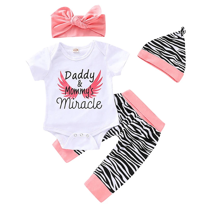 

Summer Baby Girl Clothes Set With Headband Hat Casual Short Sleeve Romper Tops Letter Pattern Floral Trousers Outfits Set L