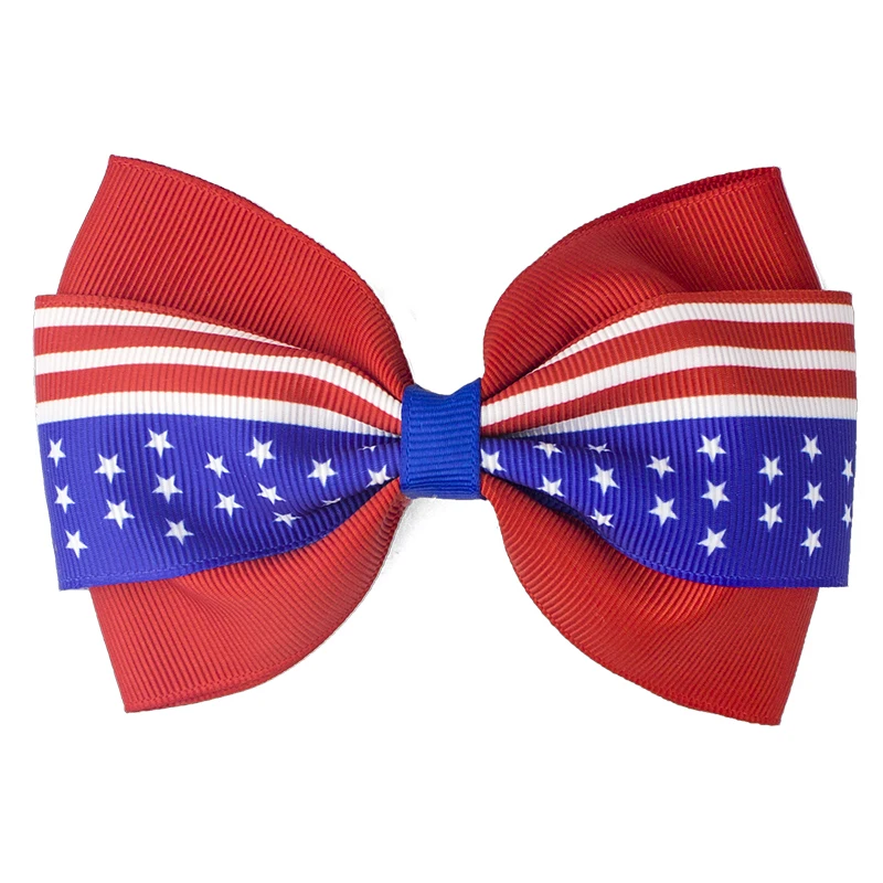 Handmade Hair Bow With Clip Girl American Flag Hairbow Boutique Hairpin Kids Hair Accessories Red Royal White Hairbows Grosgrain Ribbon Stars Stripe (1)