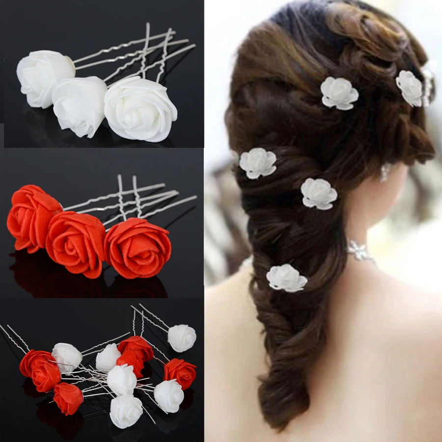 6pcs/lot Wedding Bridal Hair Pins Rose Flower Sticks Clips Bridesmaid Beauty Accessories For