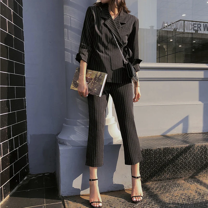 Casual Drawstring Striped Pant Suits for Women Turn down Collar Blazer